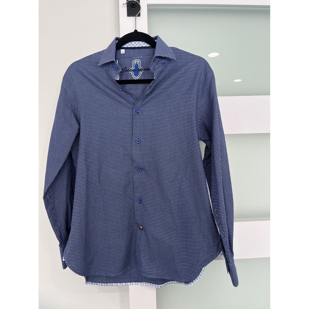 Luchiano Visconti Mens Blue Geometric Button Down Shirt Small Hamsa like new